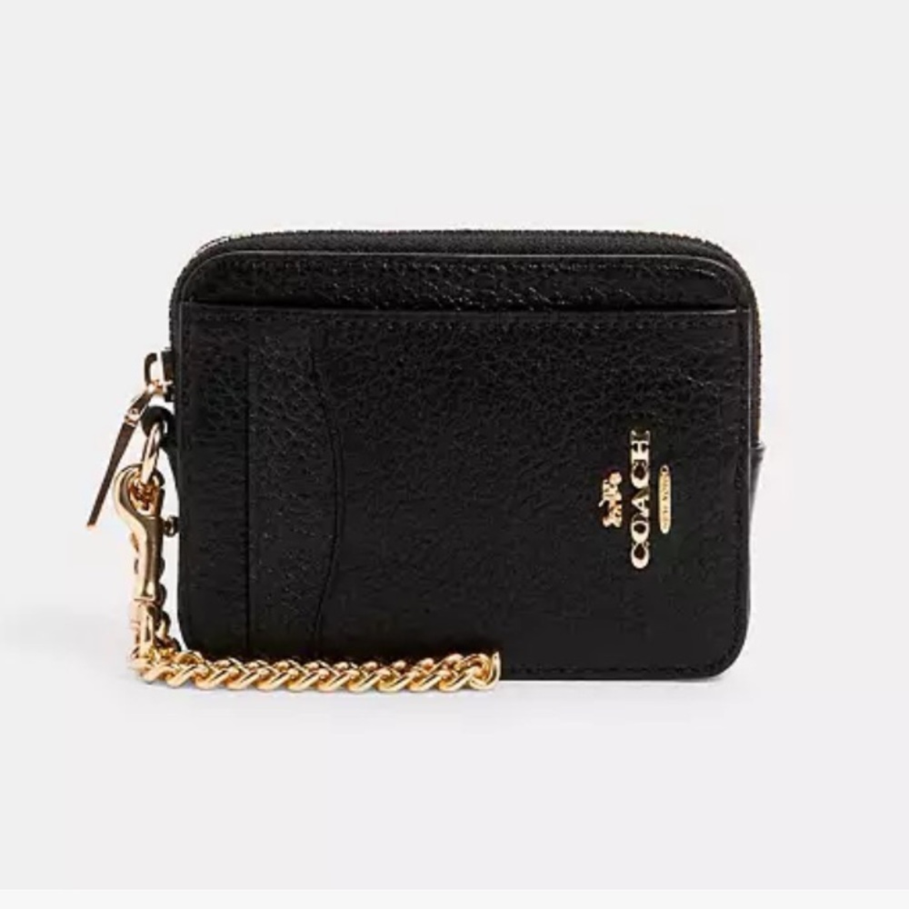 ✨ Coach Zip Card Case in Black Pebble Leather and Gold Hardware
